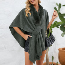 Load image into Gallery viewer, cape shawl, cape poncho, oversized fur cape, womens winter clothing, fur trim cape shawl, fur cape, sweater top, poncho sweater, cape coat women, oversized knit cape, poncho cardigan, stylish winter coats for women, fur cape, fur collar cardigan, fur collar sweater, poncho shawl, fashionable women&#39;s outerwear.