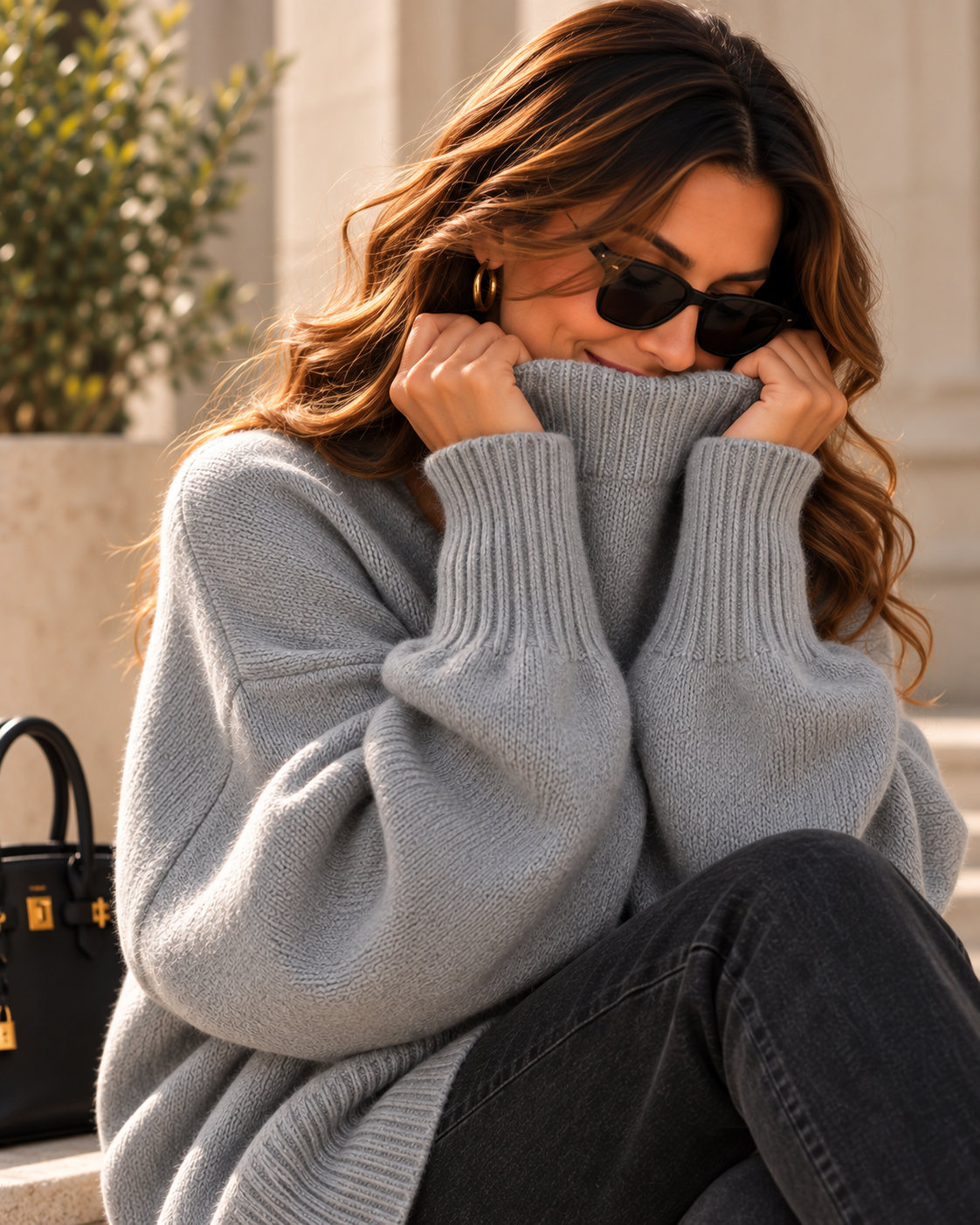grey oversized knit sweater, smart casual sweater, relaxed knit with wide batwing sleeves, long ribbed cuffs, classic crew neckline and elongated hem, styled as an oversized sweater smart casual essential with a clean contemporary aesthetic.