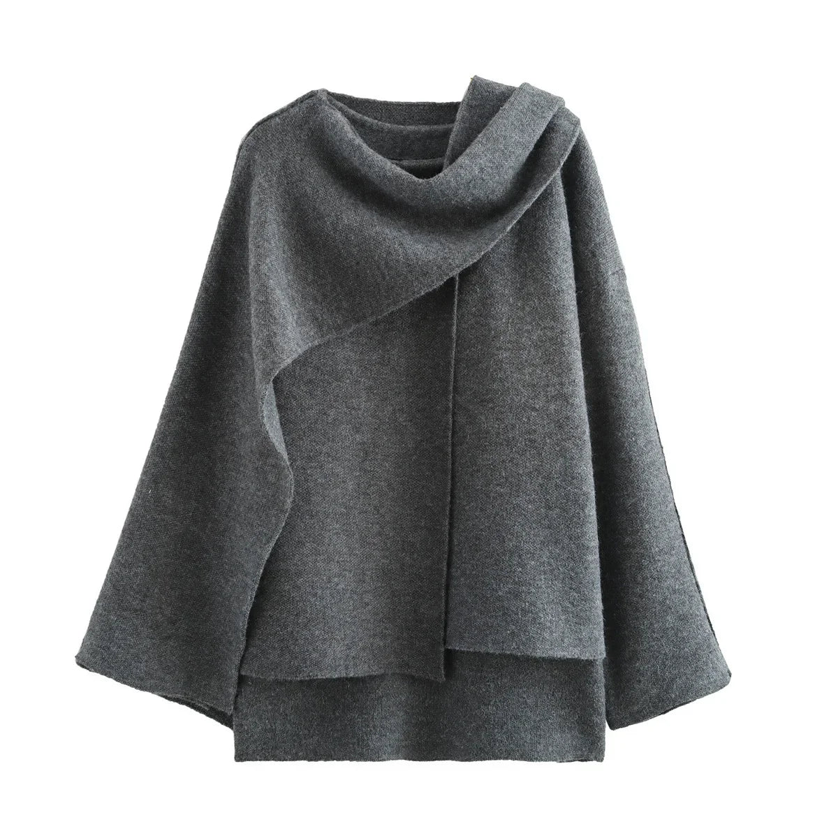 grey wrap shawl  jacket coat front Relaxed layered knit sweater with cape sleeves and scarf detail, chic quiet luxury sweater for winter travel outfits women and business casual sweaters women.
