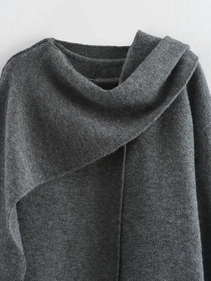 Aristella Draped Cape Scarf Coat | Layered Quiet Luxury Sweater with Attached Scarf | Elegant Shawl Collar Coat