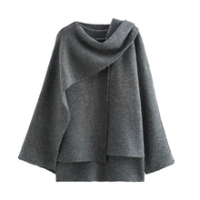 Load image into Gallery viewer, grey wrap shawl  jacket coat front Relaxed layered knit sweater with cape sleeves and scarf detail, chic quiet luxury sweater for winter travel outfits women and business casual sweaters women.