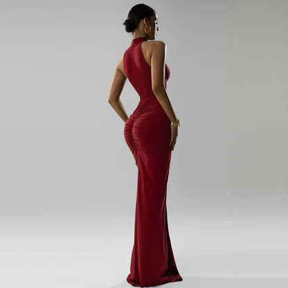 halter high neck bodycon dress, Burgundy high neck evening gown for party featuring ruched maxi dress women shaping, sculpted hourglass maxi gown for formal events, classic full length gown women with slit detail and sleek sleeveless evening gown style.