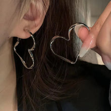 Load image into Gallery viewer,  Earrings for women, heart hoop earrings, heart earrings, dangle heart shaped earrings, womens fashion jewelry, heart drop earrings, party wear earrings, fun quirky earrings for women, Asymmetric earrings for women, Quirky earrings for women, Chic earrings for women, Statement earrings, everyday jewelry, Modern fashion earrings, Elegant jewelry for women, Fun fashion jewelry.