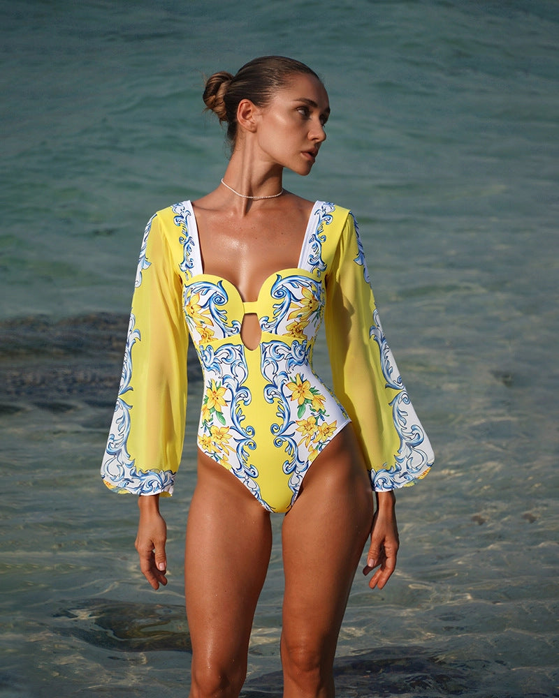 beach club outfit one piece swimsuit, high cut swimsuit with cover up skirt, vacation swimwear outfit set women, mediterranean print resort wear dress set, printed one piece swimsuit outfit women, long sleeve swimsuit, one piece swimsuit with skirt