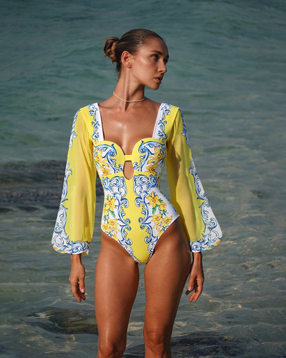 beach club outfit one piece swimsuit, high cut swimsuit with cover up skirt, vacation swimwear outfit set women, mediterranean print resort wear dress set, printed one piece swimsuit outfit women, long sleeve swimsuit, one piece swimsuit with skirt