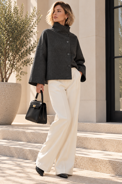statement jacket women, high funnel neck jacket statement piece, relaxed boxy construction with distinctive blanket stitching and contrasting black buttons, positioned for elevated everyday outfit dressing, minimalist contrast trim styling and polished city outings.