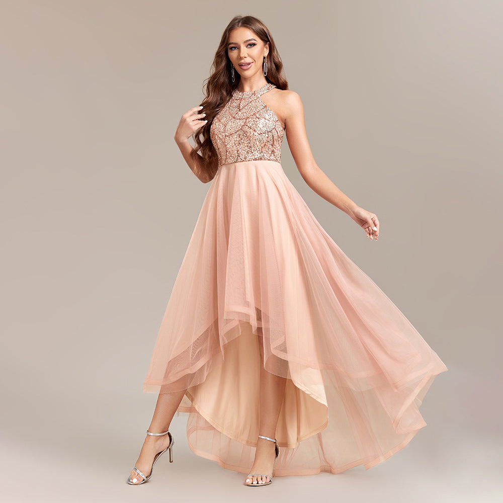 Mesh Sequin Party Dress with halterneck and high low hem, best sequin dress for wedding guest, high low hem cocktail dress, what to wear to a summer cocktail party, glamorous evening dress for date night, sequin midi dress for cocktail party, best party dress for summer evening.