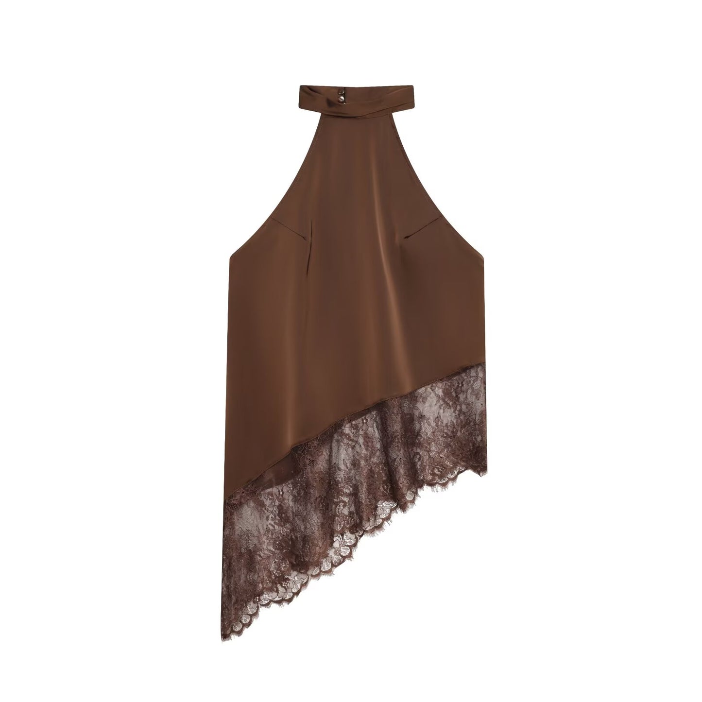 Amalfi High Neck Asymmetric Halter Lace-Hem Top | Elegant Satin Evening Halter Top