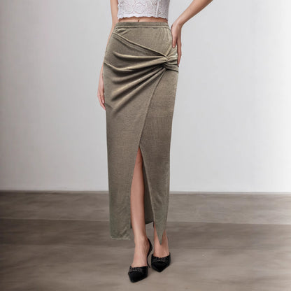 Ruched knot-front high slit maxi skirt in taupe and black, chic women’s date night outfit and travel-ready vacation dinner staple.