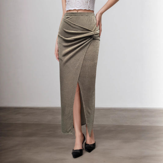 Ruched knot-front high slit maxi skirt in taupe and black, chic women’s date night outfit and travel-ready vacation dinner staple.