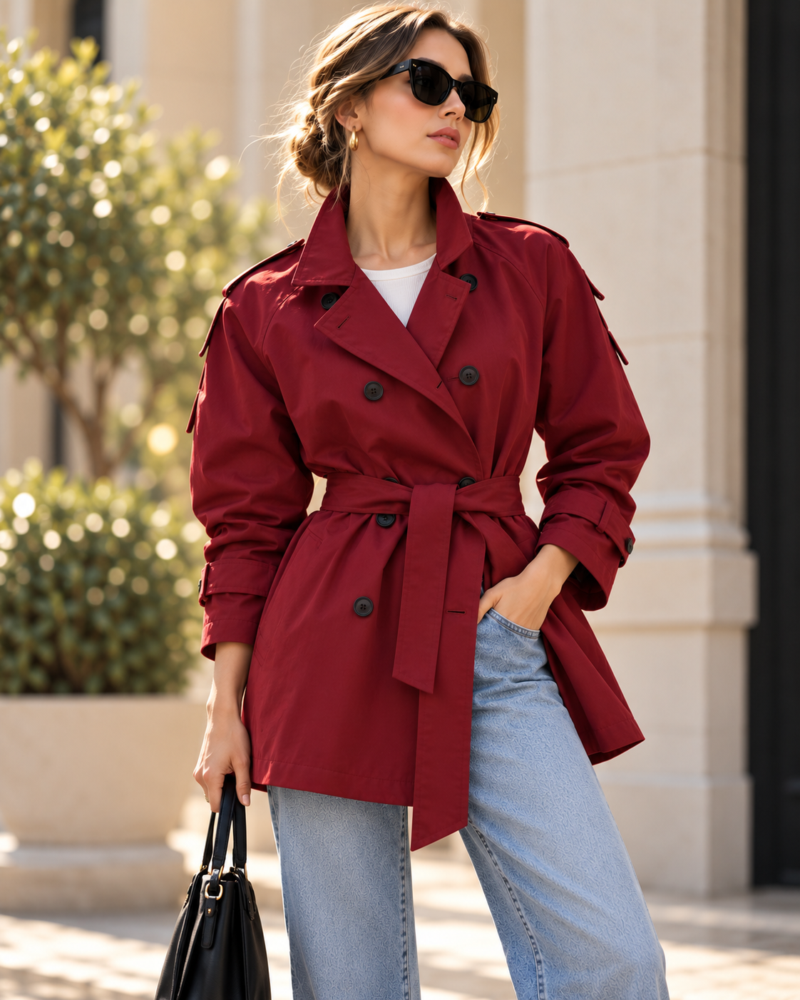 high stand collar trench, burgundy double breasted belted trench, slightly oversized silhouette with a raised structured collar, matching belt and buttoned front, ideal for classy fall outfits women and elevated city outings.
