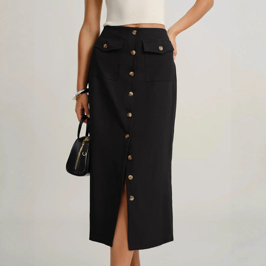 high waisted black midi skirt, front slit midi skirt, Black button front midi skirt, structured woven fabric with high waisted tailored fit, straight pencil silhouette, black midi skirt office outfit women, perfect for business casual wear, smart casual outfit women, office wear skirt.