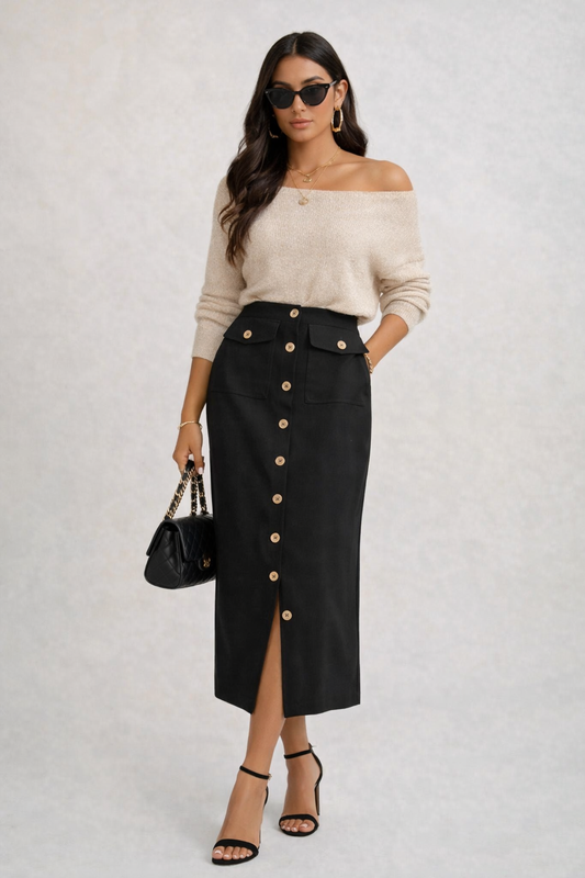 high waisted black midi skirt, front slit midi skirt, Black button front midi skirt, structured woven fabric with high waisted tailored fit, straight pencil silhouette, black midi skirt office outfit women, perfect for business casual wear, smart casual outfit women, office wear skirt.