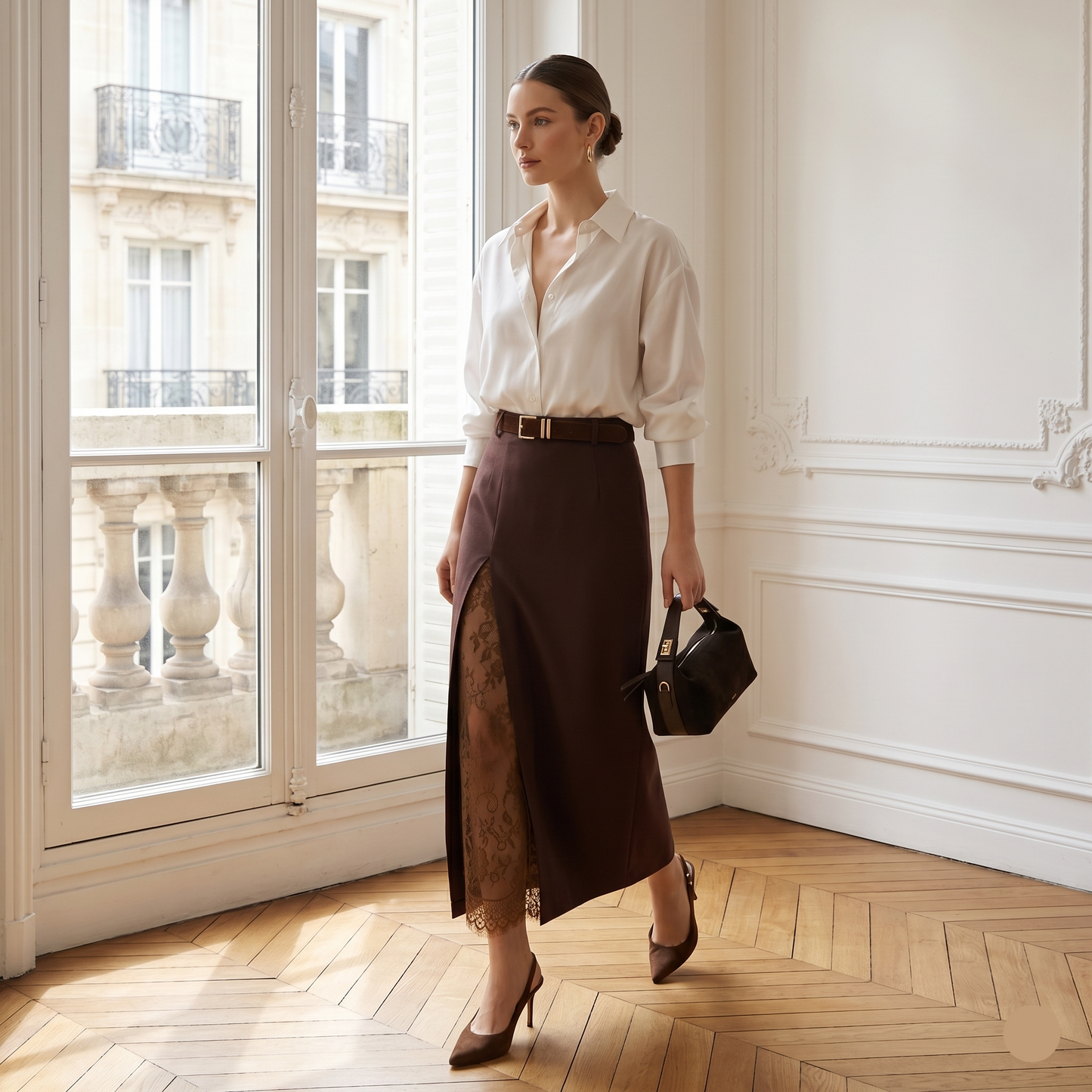 high waisted pencil midi skirt, old money midi skirt outfit, structured midi skirt women, lace panel pencil skirt, Brown pencil midi skirt with sheer floral lace detail and structured silhouette, sophisticated smart casual skirt for elevated gallery dinner outfit ideas, flattering midi skirts for curvy women.