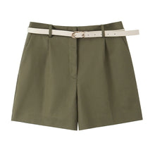 Load image into Gallery viewer, navy green belted shorts, high waisted tailored shorts, petite office wear, work appropriate shorts, tailored bermuda shorts, High-waisted wide-leg belted shorts for women, tailored pleated shorts, versatile summer outfit for work, brunch, and travel looks, minimalist neutral wardrobe staple.