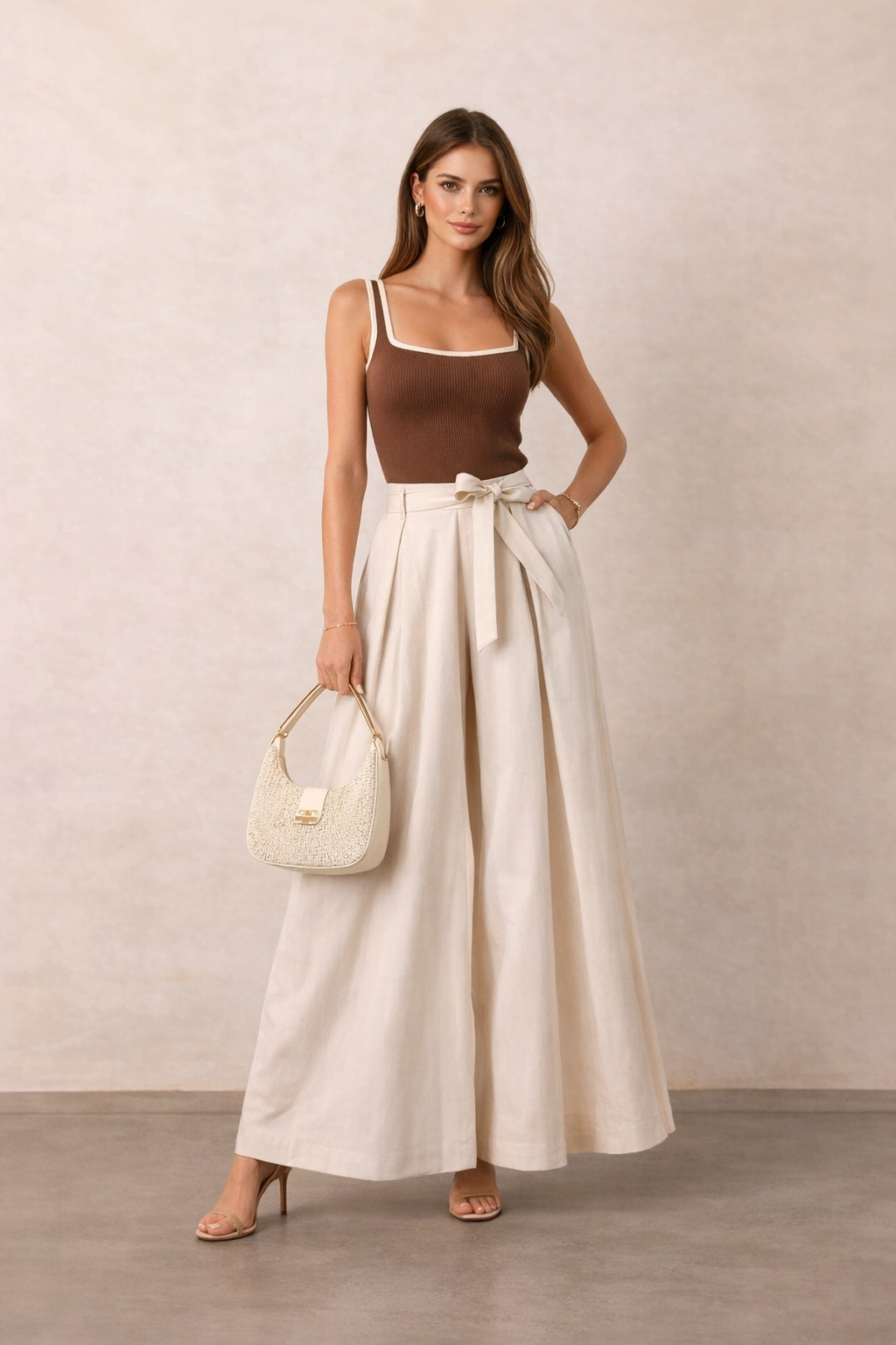 Cream High Waisted Belted Wide Leg Pants | Business Casual Trousers