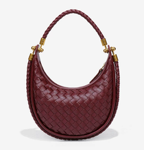 Load image into Gallery viewer, faux leather saddle bag, hobo shoulder bag, woven crescent bag purse, woven saddle bag , woven leather hobo bag , straw crescent crossbody bag or purse,  hobo purses.