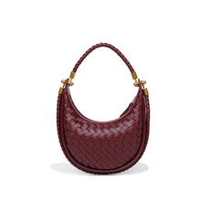 Load image into Gallery viewer, Wine Red Woven Crescent Hobo Bag, woven hobo shoulder bag, women&#39;s hobo purse, woven hobo purses,  Woven Saddle Handbag, crescent shoulder bag, woven crescent bag purse, cute purses, crescent bag, coach saddle bag, dior saddle bag, aldo saddle bag, mk saddle bag. 