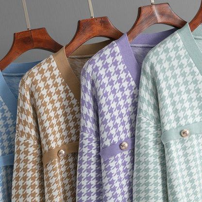 Oversized mint houndstooth knit cardigan women. v-neck button-up pearl button cardigan for fall layering, cozy soft girl aesthetic outfit idea for brunch and travel.