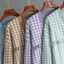 Load image into Gallery viewer, Oversized mint houndstooth knit cardigan women. v-neck button-up pearl button cardigan for fall layering, cozy soft girl aesthetic outfit idea for brunch and travel.