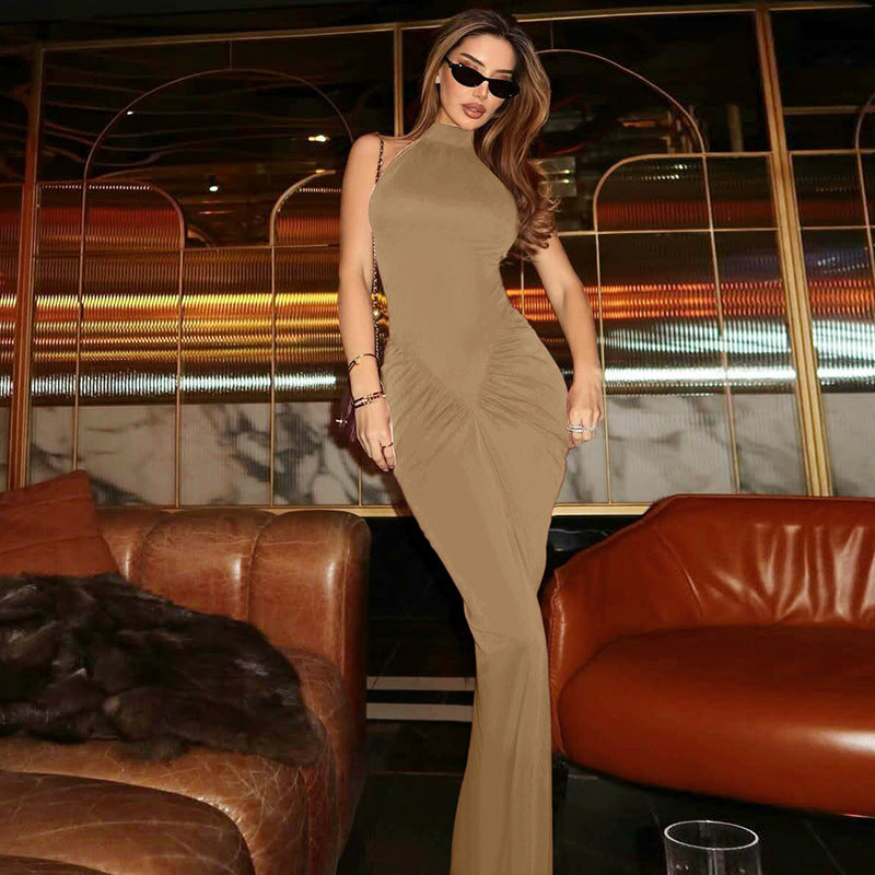 hourglass maxi dress women, high neck evening gown, thigh slit maxi dress women, Classic sleeveless khaki evening gown women with sculpted bodycon maxi dress fit, ruched maxi dress women draping, thigh slit maxi dress women detail and old money evening dress women style for luxe events.