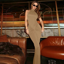 Load image into Gallery viewer, hourglass maxi dress women, high neck evening gown, thigh slit maxi dress women, Classic sleeveless khaki evening gown women with sculpted bodycon maxi dress fit, ruched maxi dress women draping, thigh slit maxi dress women detail and old money evening dress women style for luxe events.