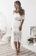 Load image into Gallery viewer, crochet two piece skirt set, crop top and skirt set, lace dress, two piece dress, two piece skirt set, two piece crochet set, two piece maxi dress, matching sets women, tiered ruffle dress, co ord skirt set, co ord sets, white lace dress, co ords, lace wedding dress, lace midi dress, 2 piece skirt set, lace cocktail dress, skirt set, wedding guest dress, white lace dress, white two piece set.