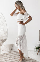 Load image into Gallery viewer, crochet two piece skirt set, crop top and skirt set, lace dress, two piece dress, two piece skirt set, two piece crochet set, two piece maxi dress, matching sets women, tiered ruffle dress, co ord skirt set, co ord sets, white lace dress, co ords, lace wedding dress, lace midi dress, 2 piece skirt set, lace cocktail dress, skirt set, wedding guest dress, white lace dress, white two piece set.