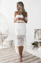 Load image into Gallery viewer, crochet two piece skirt set, crop top and skirt set, lace dress, two piece dress, two piece skirt set, two piece crochet set, two piece maxi dress, matching sets women, tiered ruffle dress, co ord skirt set, co ord sets, white lace dress, co ords, lace wedding dress, lace midi dress, 2 piece skirt set, lace cocktail dress, skirt set, wedding guest dress, wedding guest outfits, prom &amp; dance dress.