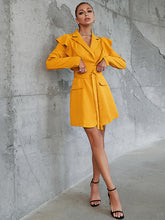 Load image into Gallery viewer, womens blazer dress,  Blazer Dress Outfit, suit dress, ,Power classic suit dress, Long coat Dress. Suit Coat Dress, Blazer Dress, womens business attire dress, womens semi formal dress, Women Blazer, Modern blazer, business casual women, formal wear dress, Long Blazer Dress, Jacket Dress womens power suit, double breasted dress, yellow suit coat, yellow blazer dress, women&#39;s jacket, women&#39;s suit coat.