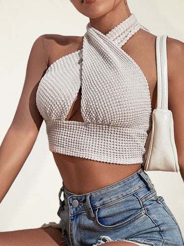 Backless Halterneck Crop top, Halter neck Tank top, Halterneck crop tank top, Bustier top, white crop top, beige tank top,Backless crop top, knitted crop top, halterneck tops for women, sexy chic women tops, Waffle knit patter crop top, criss cross halterneck top, Crop top for women, Spring outfits, womens halterneck top, Summer fashion 2024, cutout tank top.