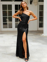 Load image into Gallery viewer, One shoulder Sequin Party Dress, Sparkly Maxi Dress, Sparkly Party dress, sparkly dress, Bodycon sequin dress, Sequin maxi dress, high slit maxi dress, black cocktail dress, Bodycon sequin glitter dress, black sequin dress, black wedding dresses, black bridesmaid dreses, sequin party dress, prom dress, Women&#39;s Cocktail &amp; Party Dress, black sparkly dress.