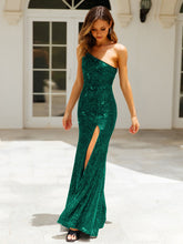 Load image into Gallery viewer, One shoulder Sequin Party Dress, Sparkly Maxi Dress, Sparkly Party dress, sparkly dress, Bodycon sequin dress, Sequin maxi dress, high slit maxi dress, green cocktail dress, Bodycon sequin glitter dress, green sequin dress, wedding dresses, green bridesmaid dreses, sequin party dress, prom dress, Women&#39;s Cocktail &amp; Party Dress