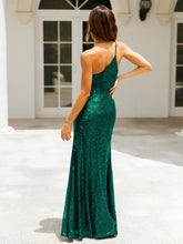 Load image into Gallery viewer, One shoulder Sequin Party Dress, Sparkly Maxi Dress, bodycon party dress, Sparkly Party dress, sparkly dress, Bodycon sequin dress, Sequin maxi dress, high slit maxi dress, black cocktail dress,one shoulder dress, one shoulder sequin dress, Bodycon sequin glitter dress