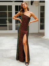 Load image into Gallery viewer, One shoulder Sequin Party Dress, Sparkly Maxi Dress, Sparkly Party dress, sparkly dress, Bodycon sequin dress, Sequin maxi dress, high slit maxi dress, black cocktail dress, Bodycon sequin glitter dress, black sequin dress, black wedding dresses, black bridesmaid dreses, sequin party dress, prom dress, Women&#39;s Cocktail &amp; Party Dress