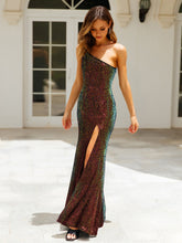 Load image into Gallery viewer, One shoulder Sequin Party Dress, Sparkly Maxi Dress, Sparkly Party dress, sparkly dress, Bodycon sequin dress, Sequin maxi dress, high slit maxi dress, black cocktail dress, Bodycon sequin glitter dress, black sequin dress, black wedding dresses, black bridesmaid dreses, sequin party dress, prom dress, Women&#39;s Cocktail &amp; Party Dress, black bridesmaid dresses, sequin dress, black cocktail dress, Sexy cocktail dresses, wedding guest dress, mother of the bride dress