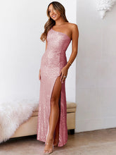 Load image into Gallery viewer, One shoulder Sequin Party Dress, Sparkly Maxi Dress, bodycon party dress, Sparkly Party dress, sparkly dress, Bodycon sequin dress, Sequin maxi dress, high slit maxi dress,pink cocktail dress,one shoulder dress, one shoulder sequin dress, Bodycon sequin glitter dress, pinksequin dress, pink wedding dresses, bridesmaid dreses, sequin party dress, prom dress, Women&#39;s Cocktail &amp; Party Dress, pink bridesmaid dresses, sequin dress, wedding guest dress.