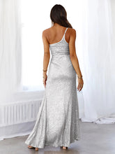 Load image into Gallery viewer, One shoulder Sequin Party Dress, Sparkly Maxi Dress, Sparkly Party dress, sparkly dress, Bodycon sequin dress, Sequin maxi dress, high slit maxi dress, white cocktail dress, Bodycon sequin glitter dress, silver sequin dress, white wedding dresses, prom dress