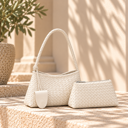 basket weave bag, woven texture handbag, braided strap bag, matching pouch handbag, Women’s white woven shoulder bag with a relaxed hobo silhouette, dimensional basket weave texture, braided strap and matching zip pouch, a contemporary textured handbag for everyday carry, polished casual dressing and city wardrobes.