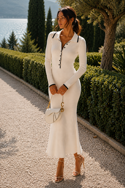 old money ribbed knit dress, ivory black contrast collar midi, ribbed knit button front midi, transitional season dress,Ivory ribbed knit midi dress with black piping and partial buttons, styled as a quiet luxury midi dress for polished brunches, with a timeless old money dresses aesthetic and streamlined long sleeves.