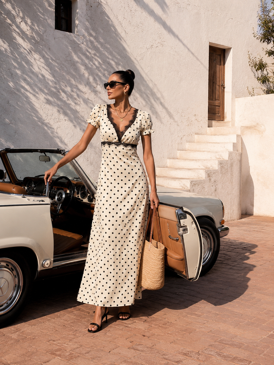 ivory black polka dot dress, empire waist maxi dress, lace trim maxi dress, Polka dot maxi dress with lace trim neckline, romantic puff sleeves, and elegant V-back styling, perfect for wedding guest dress events, French Riviera dress vacations, and summer evening dress moments.