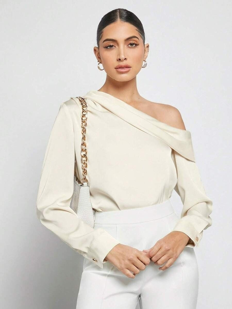 one-shoulder evening top women, Quiet luxury satin one-shoulder blouse women with refined finish and versatile style smart match for workwear top satin women and evening look, ivory color satin blouse women, date night top women satin.