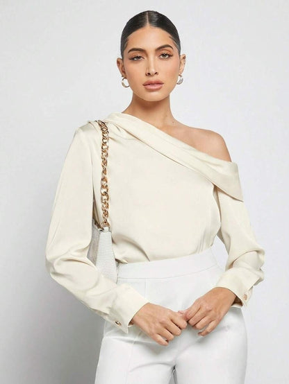 one-shoulder evening top women, Quiet luxury satin one-shoulder blouse women with refined finish and versatile style smart match for workwear top satin women and evening look, ivory color satin blouse women, date night top women satin.