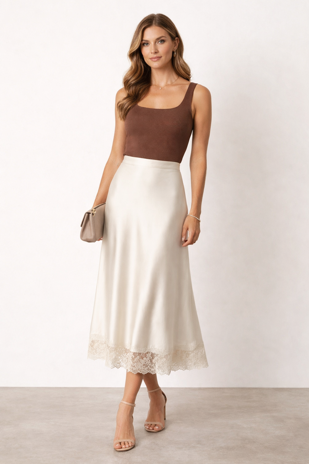 satin midi skirt with lace trim, lace hem midi skirt outfit women, bias cut satin skirt outfit, high waisted satin midi skirt, elegant lace trim skirt outfit, silk satin skirt outfit women, ivory satin midi skirt outfit aesthetic, minimalist midi skirt outfit women.