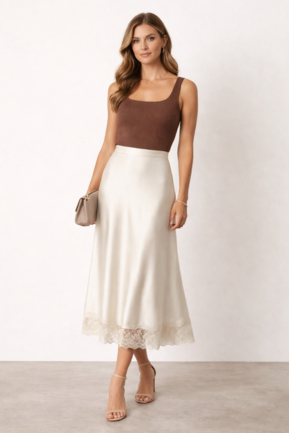 satin midi skirt with lace trim, lace hem midi skirt outfit women, bias cut satin skirt outfit, high waisted satin midi skirt, elegant lace trim skirt outfit, silk satin skirt outfit women, ivory satin midi skirt outfit aesthetic, minimalist midi skirt outfit women.