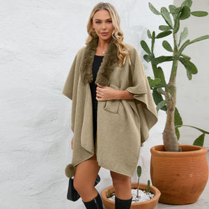 cape shawl, cape poncho, oversized fur cape, womens winter clothing, fur trim cape shawl, fur cape, sweater top, poncho sweater, cape coat women, oversized knit cape, poncho cardigan, stylish winter coats for women, fur cape, fur collar cardigan, fur collar sweater, poncho shawl, fashionable women's outerwear.