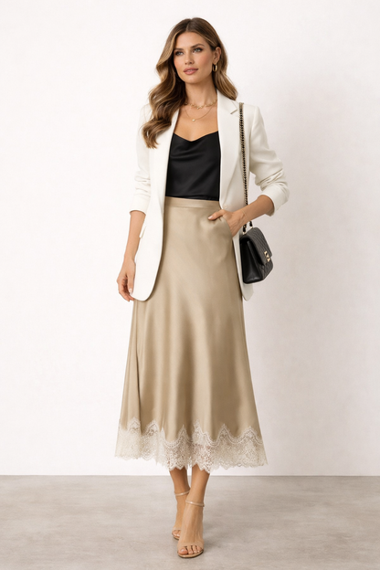 lace trim skirt, high waisted midi skirt, workwear skirt women, Satin midi skirt women with lace trim hem, smooth silky finish with bias cut silhouette, high waisted satin midi skirt outfit, satin midi skirt with lace hem outfit women for date night outfits, bias cut satin skirt outfit.
