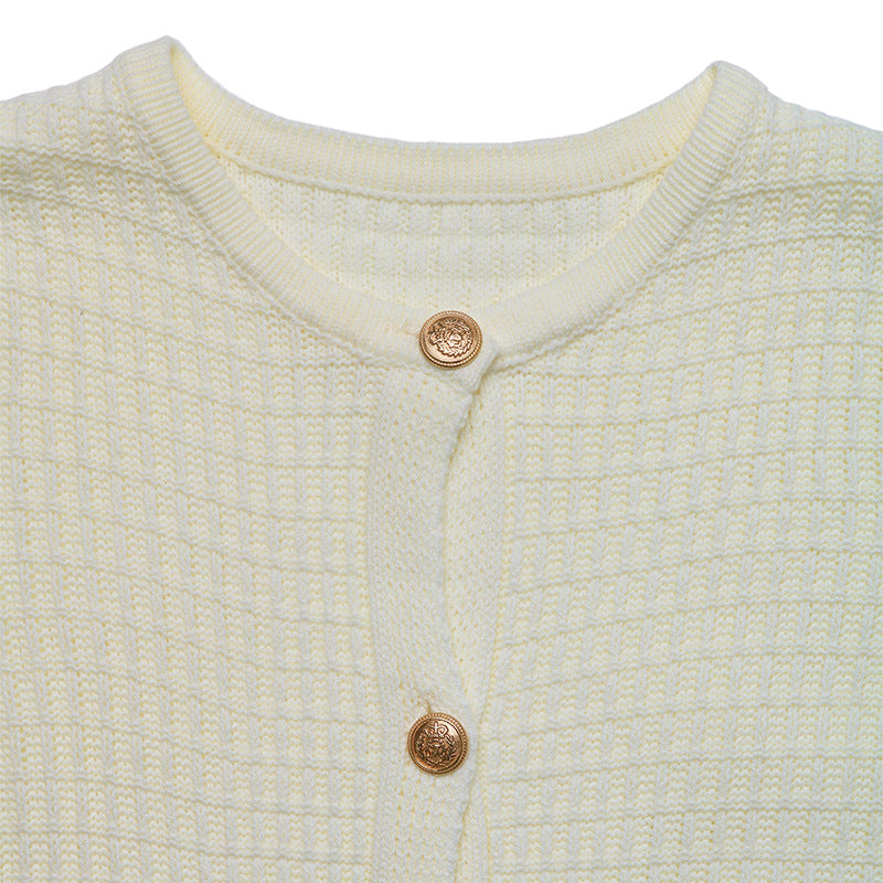 Women’s Cream Knit Cardigan | Button Down Waffle Knit Cardigan | Long Sleeve Cropped Cardigan