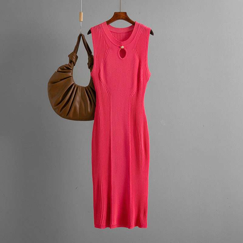 Slim fit bodycon dress, knit midi dress, casual dress, Round neck sleeveless viscose midi dress slim-fit knit dress ideal for brunch outfit, date night dress, vacation outfit, minimalist chic aesthetic in cream, grey, brown, black, watermelon red.