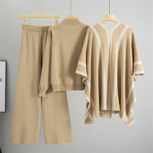 Load image into Gallery viewer, Women’s knitwear set with sweater, pants, and poncho perfect fall brunch outfit or casual chic dinner look in cozy luxe style, co-ord set women, fall winter women’s knitwear, The Effortless Knit Trio cozy, chic, and totally put-together.